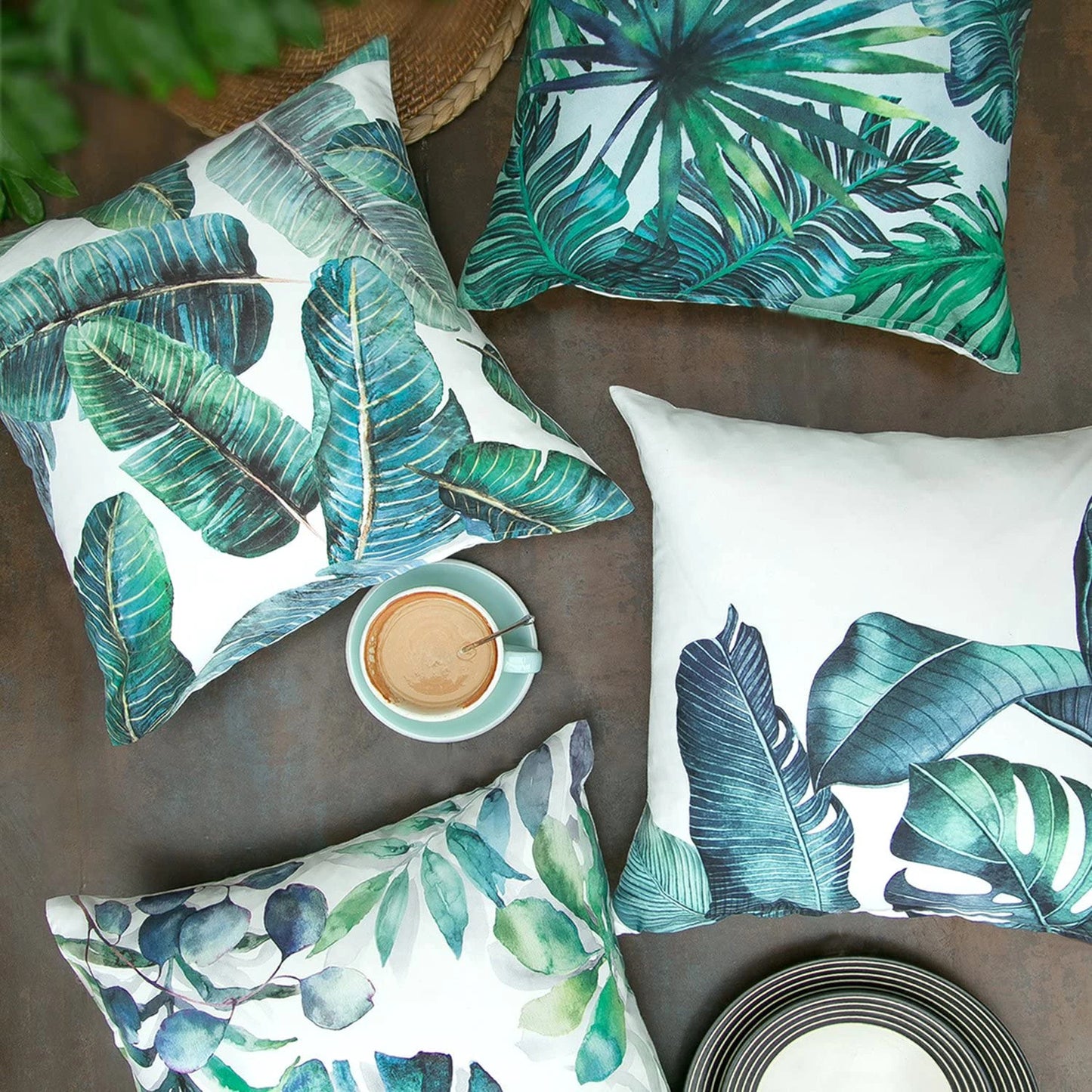 Set Of 4 Pieces 45*45cm/18*18in Tropical Palm Leaves Plant Printed Throw Pillow Case Cushion Covers Designed Series Bundle