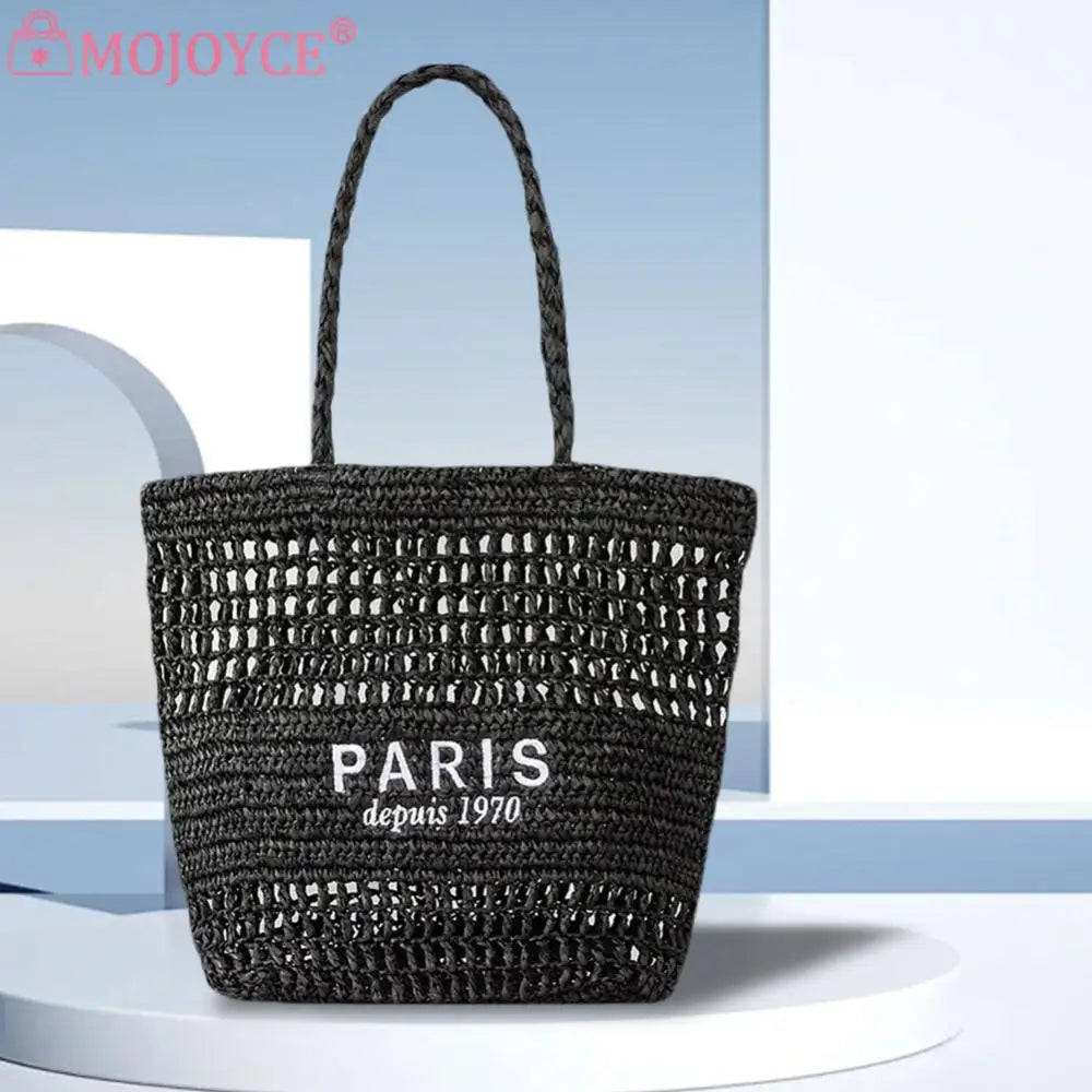 Women Straw Shoulder Bag Large Capacity Embroidered Letter Bag Versatile Hollow Out Handbag Summer Beach Purse