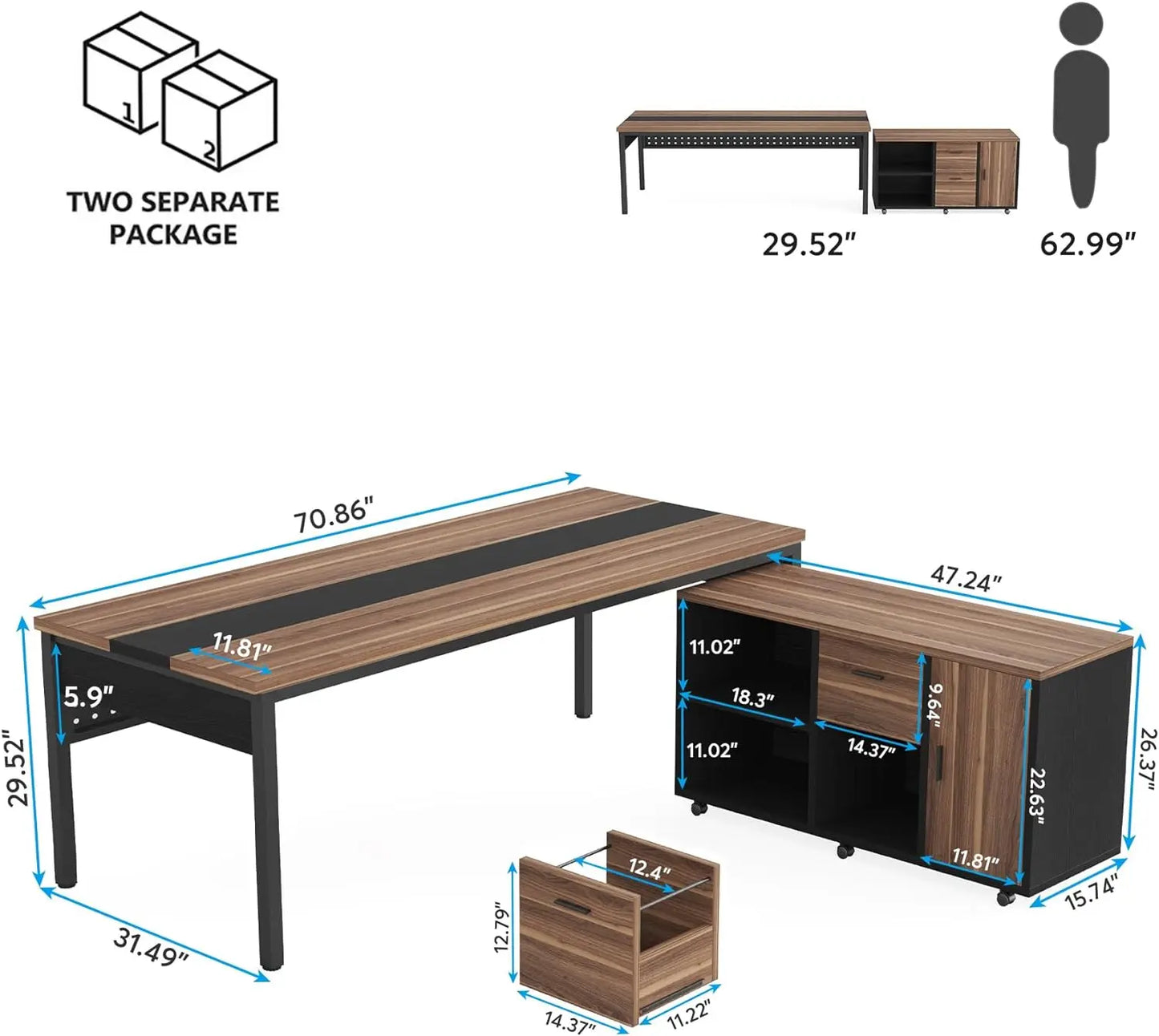 Tribesigns 70.8" Large Executive Office Desk and 47" Lateral File Cabinet Combo, L-Shaped Computer Desk 2 Piece Business Furnitu