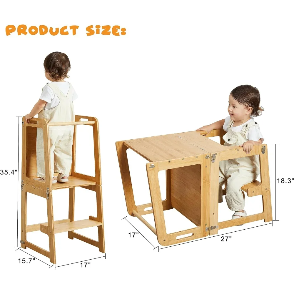 4-in-1 Standing Tower for Toddlers and Kids 1-6 Years, Bamboo Kitchen Learning Helper Stool with Chalkboard, Desk Table,