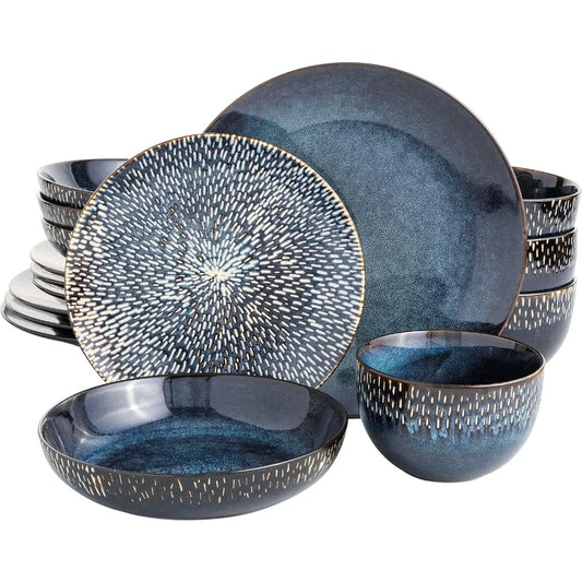 Gibson Elite Matisse 16 Piece Double Bowl Dinnerware Set, Cobalt Blue, Service for 4 (16pcs)