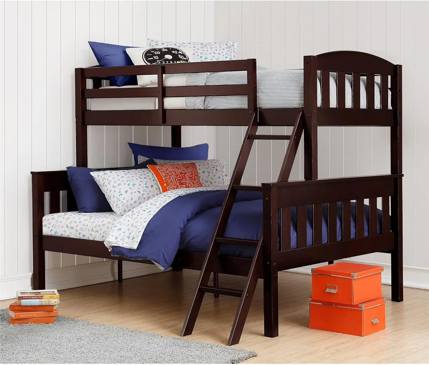 Solid Wood Bunk Beds Twin Over Full with Ladder and Guard Rail