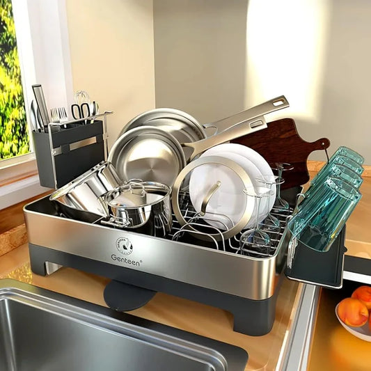 Stainless Steel Dish Rack with Drainboard and Rotatable Spout