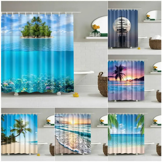 Seaside Sea Beach Sea Wave Coconut Tree Shower Curtains Bathroom Curtain Frabic Waterproof Polyester Bath Curtain Set with Hooks