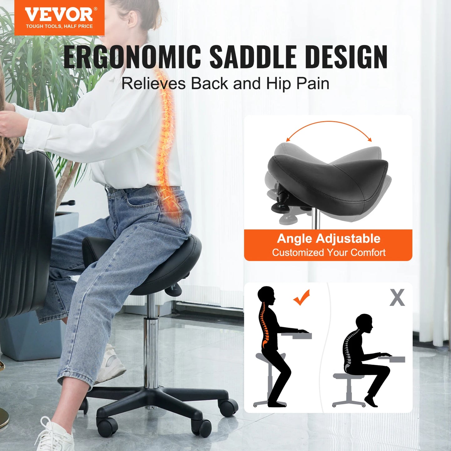 Saddle Stool with 5 Swivel 360° Rotation