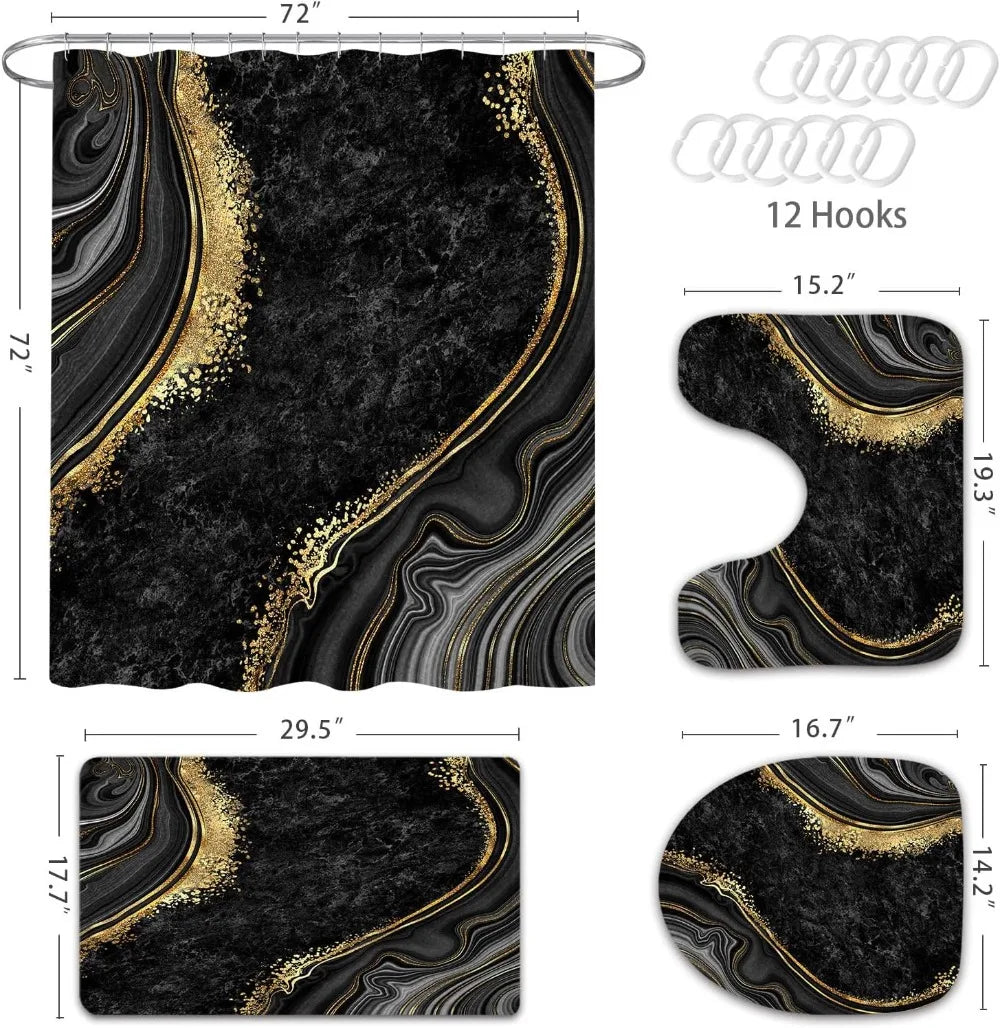 4 Pcs Luxury Marble Shower Curtain Set with Non-Slip Rugs, Toilet Lid Cover and Bath Mat, Black Gold Bathroom Decor Set