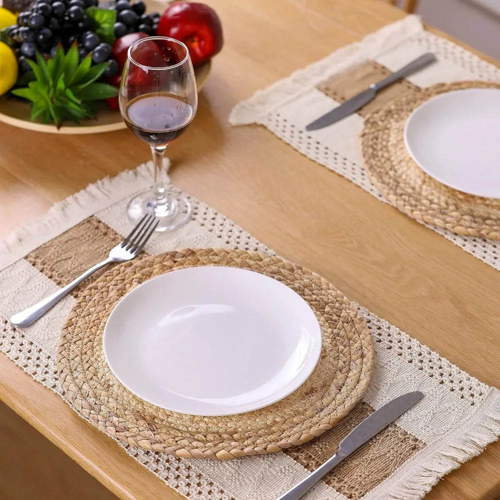 Handmade Boho Placemats Set of 6Natural Cotton Burlap and Water Straw Woven Combination Table Mats, Macrame DécorFarmhouse