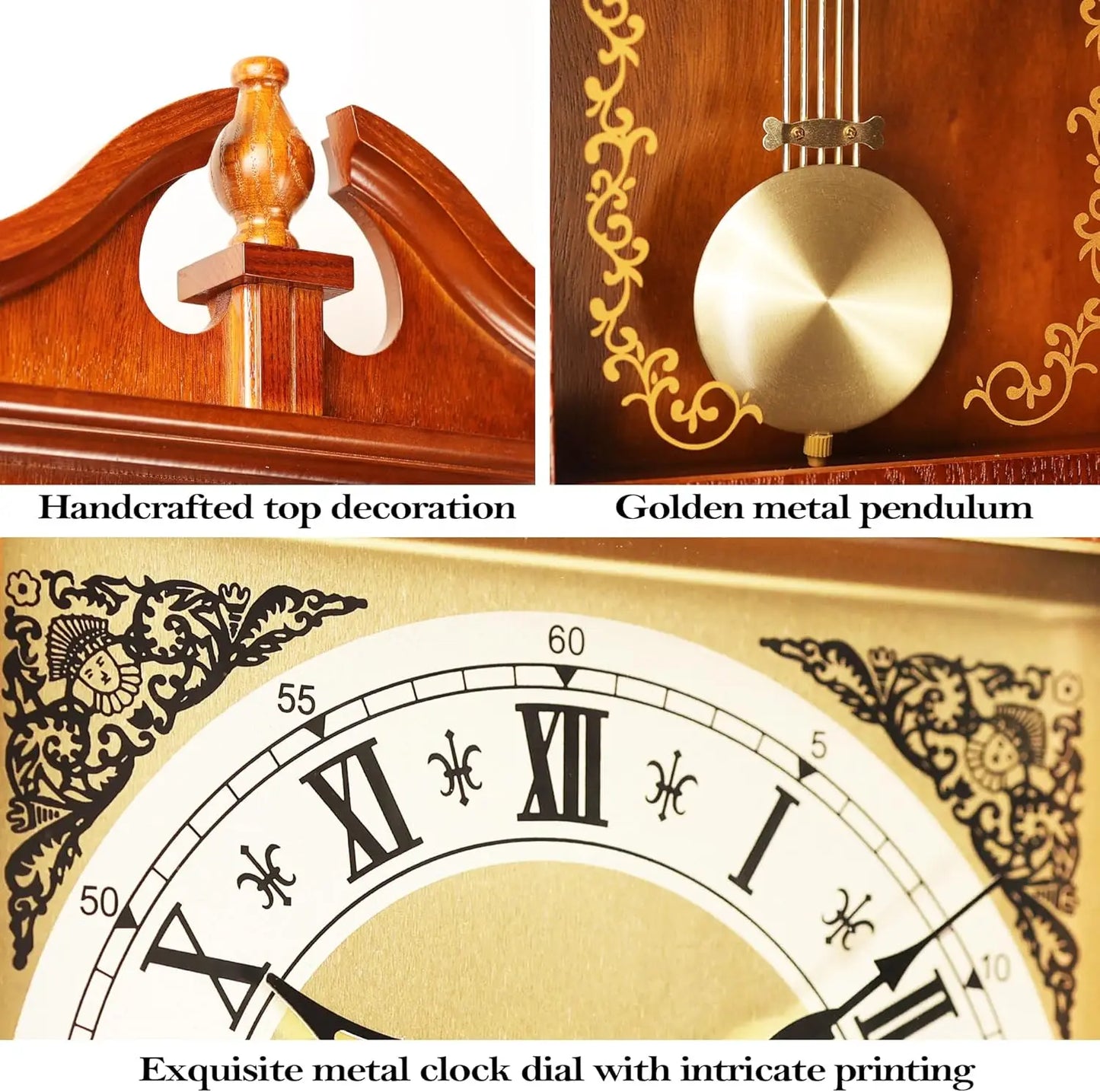 Hour/quarter-hour Chime, Rubberwood Frame, Large Vintage Wall Clock for Living Room