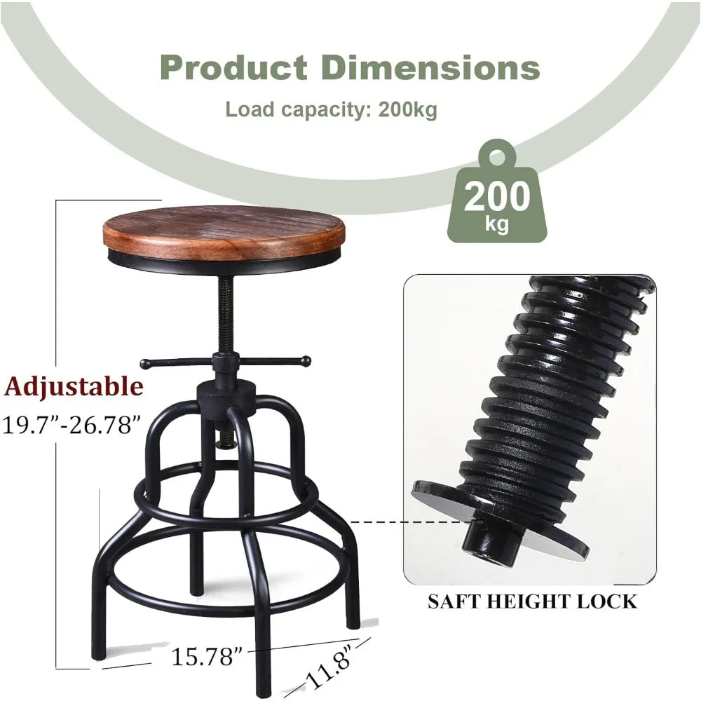 Rustic Swivel Bar Stool-Round Wood Metal Stool-Kitchen Counter Height Adjustable Pipe Stool