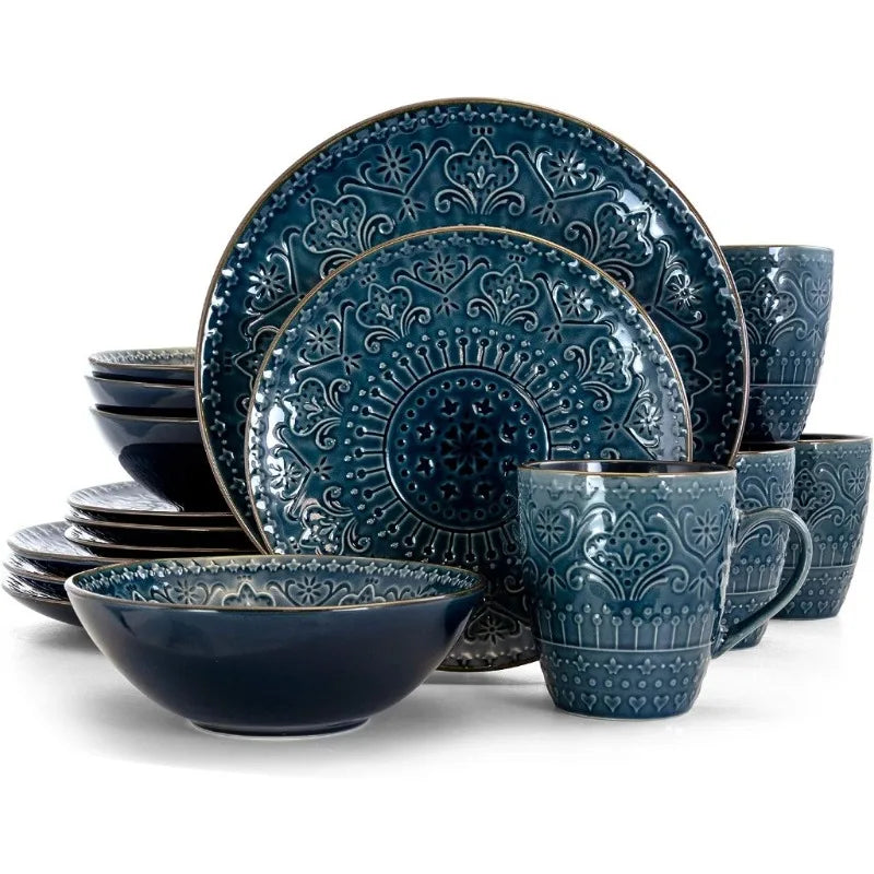 Round Stoneware Embossed Dinnerware Dish Set, 16 Piece, Sea Blue with Brown Trim,Ocean Teal and Green