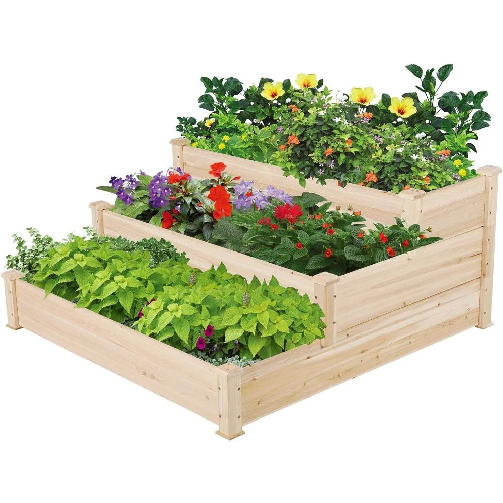 3 Tier 47 x 47 x 22in Raised Garden Bed Horticulture Outdoor Elevated Flower Box Tiered Wooden Vegetables Growing Planter