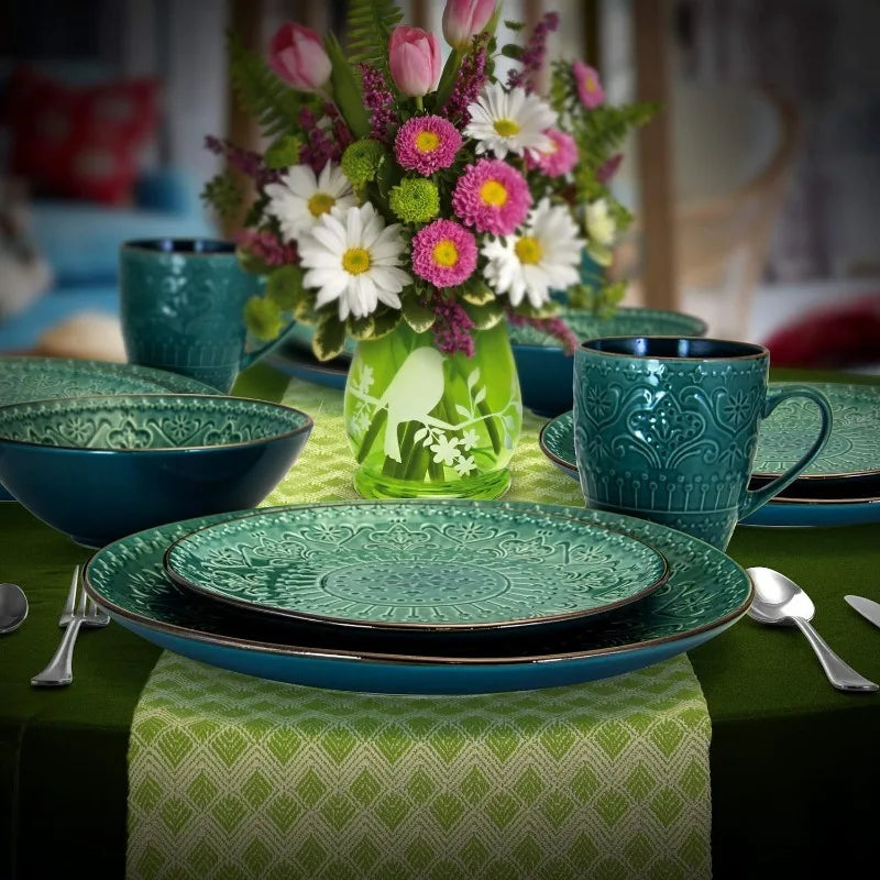 Round Stoneware Embossed Dinnerware Dish Set, 16 Piece, Sea Blue with Brown Trim,Ocean Teal and Green