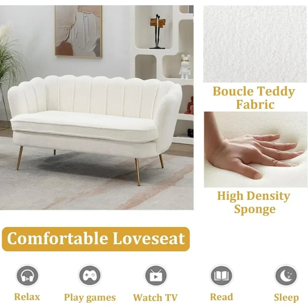 Sofa with 2 seats, Teddy Small Sofa with Gold Metal Legs, 59” Modern 2 Sater Sofa with Flower Backrest, Living Room Furniture