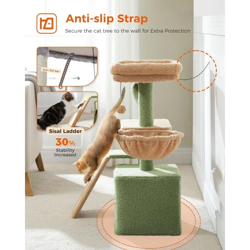 Cactus Cat Tree for Indoor Cats,Cute Cat Tower Cat Condo with Sisal Scratching Ramp, Cozy Hammock and Removable Top Bed Perch