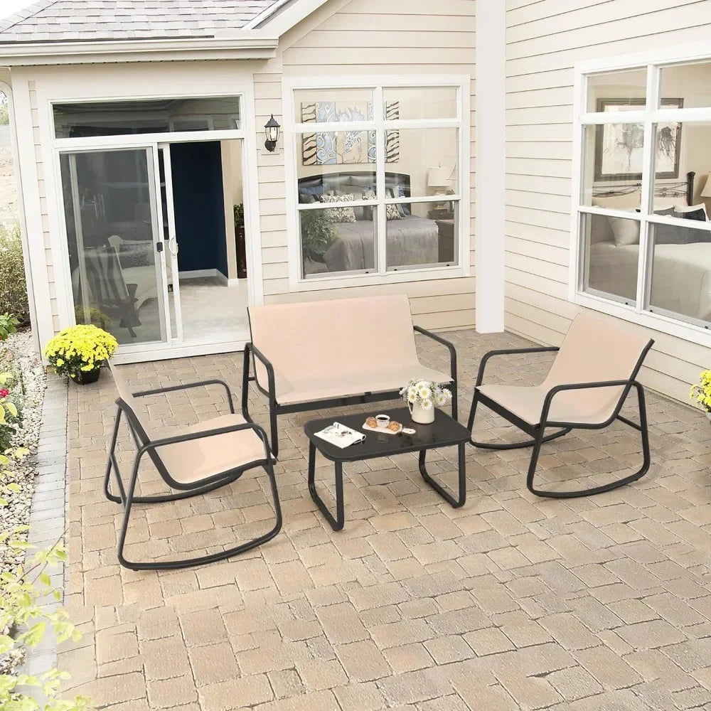 4 Piece Patio Furniture Set, Small Backyard Bistro Rocking Chairs, Loveseat and Glass Table, Textilene Outdoor Conversation Set