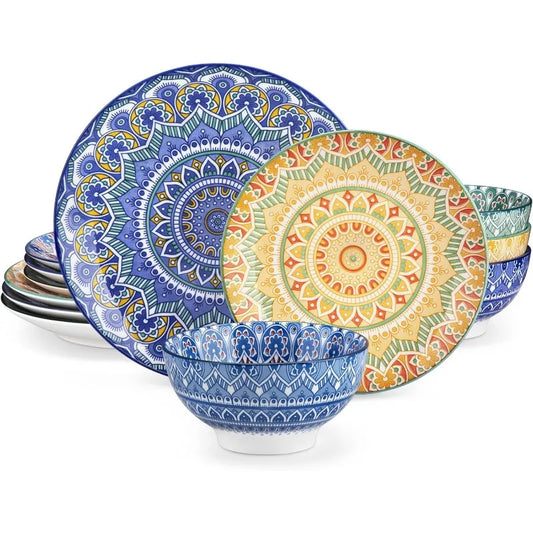 12 Pieces Dinnerware Sets, Porcelain Dinner Set for 4, Boho Plates and Bowls Set, Colorful Dish Set