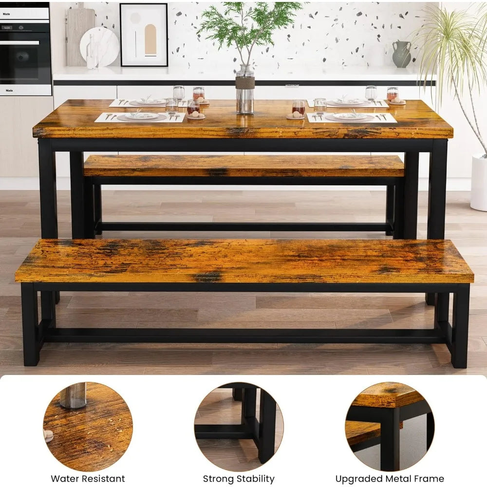 Dining Room Table Set, Kitchen Set with 2Benches, Ideal for Home, and Room, Breakfast of 43.3x23.6x28.5inches  wooden table top