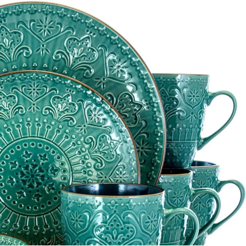 Round Stoneware Embossed Dinnerware Dish Set, 16 Piece, Sea Blue with Brown Trim,Ocean Teal and Green