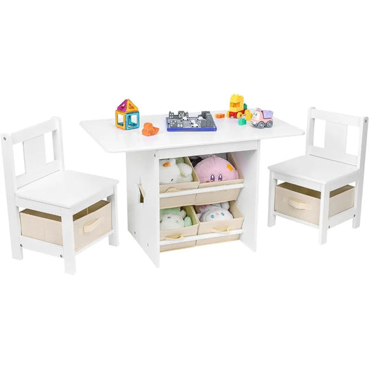 Kids Table and Chair Set (2 Chairs Included), Wooden Toddler Table and Chairs Set with 6 Storage Bins Boxes, Children's