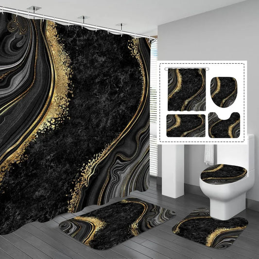 4 Pcs Luxury Marble Shower Curtain Set with Non-Slip Rugs, Toilet Lid Cover and Bath Mat, Black Gold Bathroom Decor Set