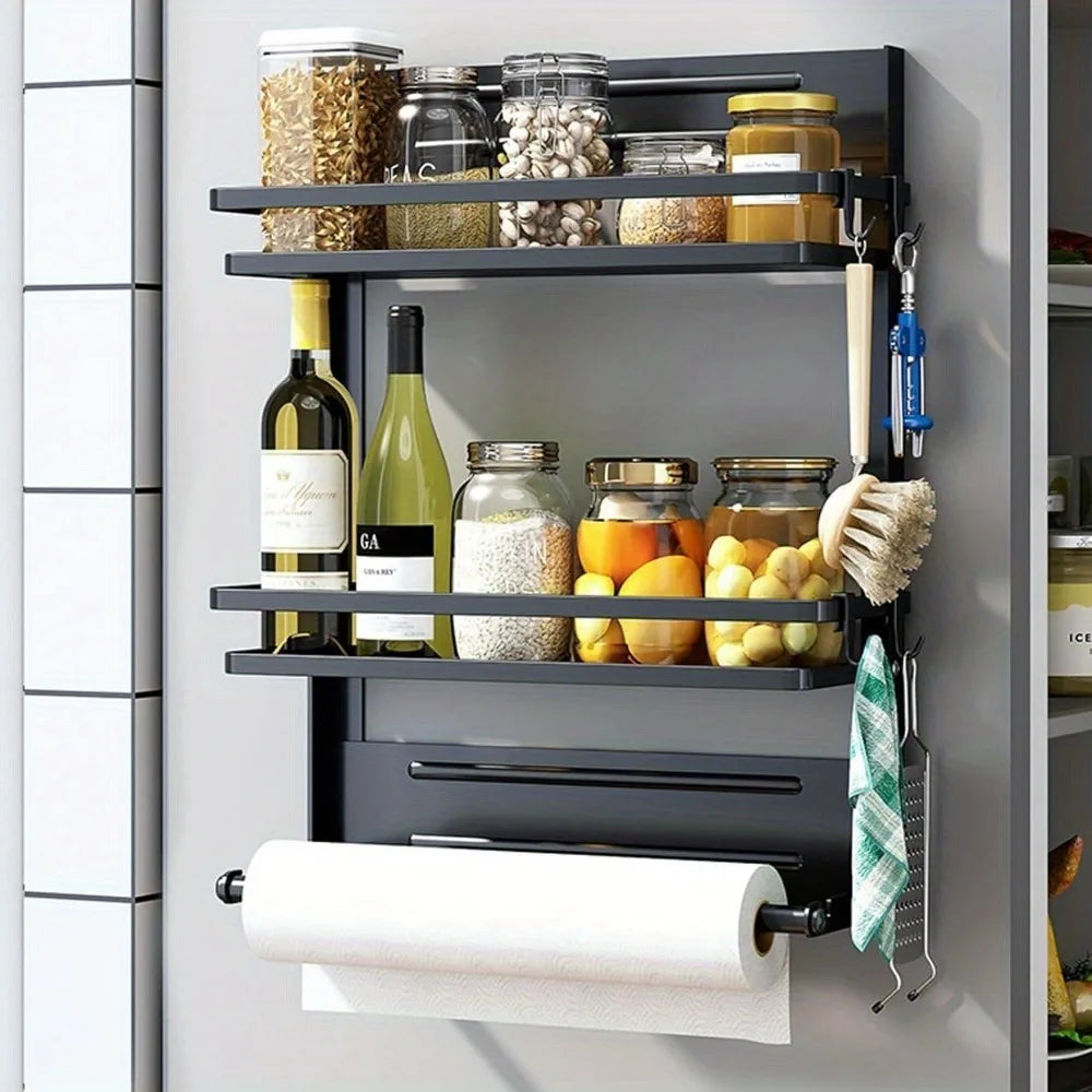 Magnetic Fridge Organizer Rack with Paper Towel Holder Multi-Functional Kitchen Storage Shelf Spice Rack Utensil Refrigerator