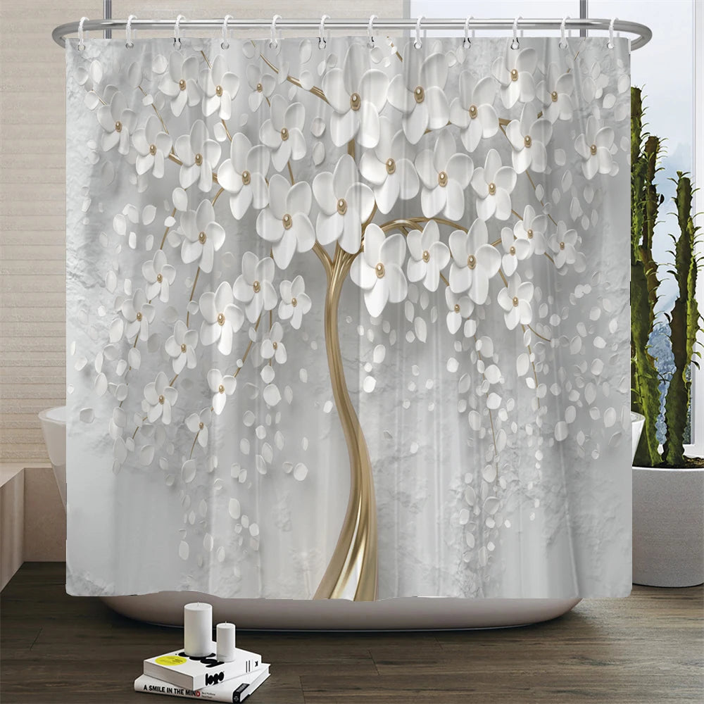 Elegant Bouquet of Fantastic White Flowers 3D Style Shower Curtain Bathroom Curtain with Bath Rug Carpet Set Floral Home Decor