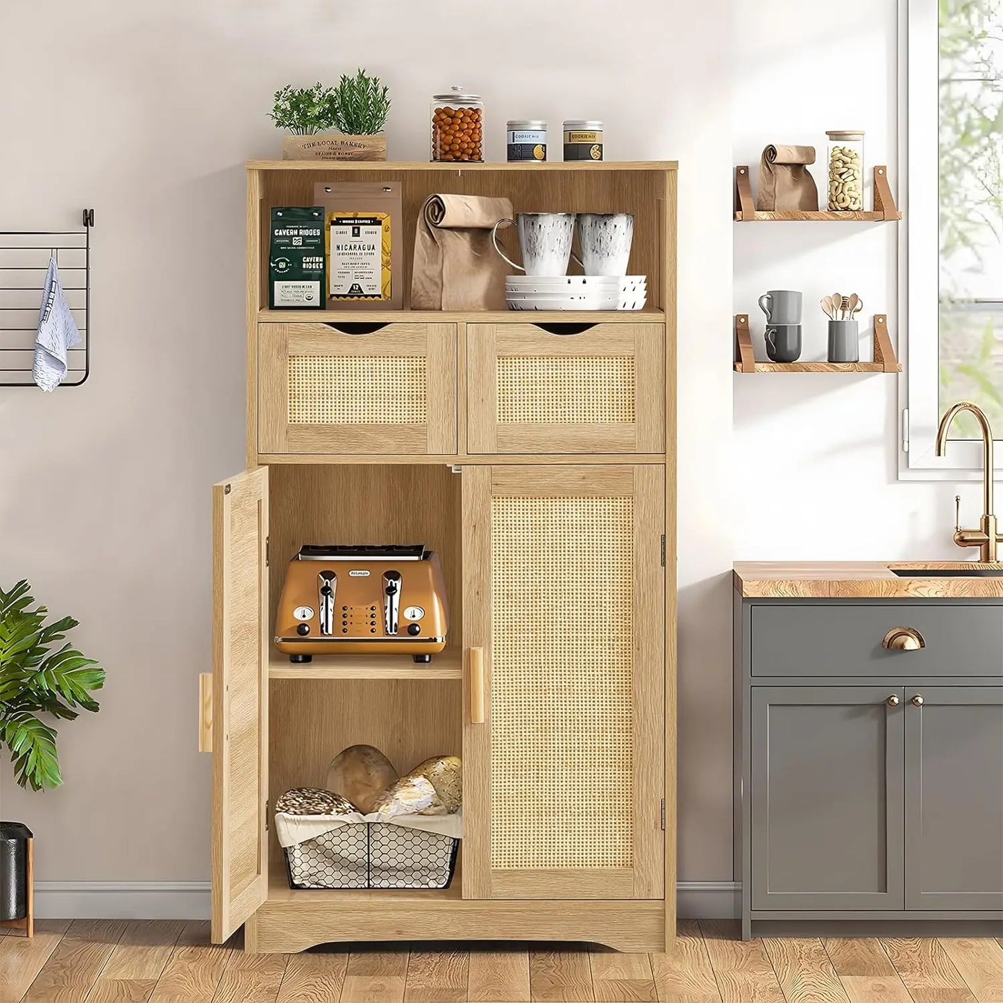 Bathroom Cabinet with 2 Rattan Doors