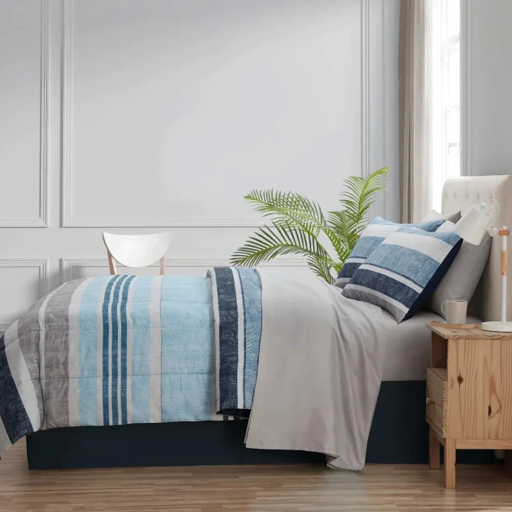 Blue Stripe Bed Comforter Set With Sheets