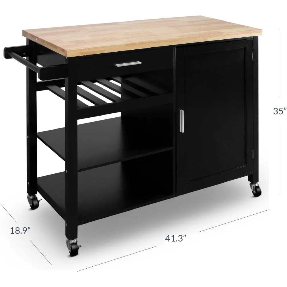 BELLEZE Modern Rolling Kitchen Island Utility Cart with a Drawer, Storage Cabinet, Handle Towel Rack, Rubber Wood Top, and Caste