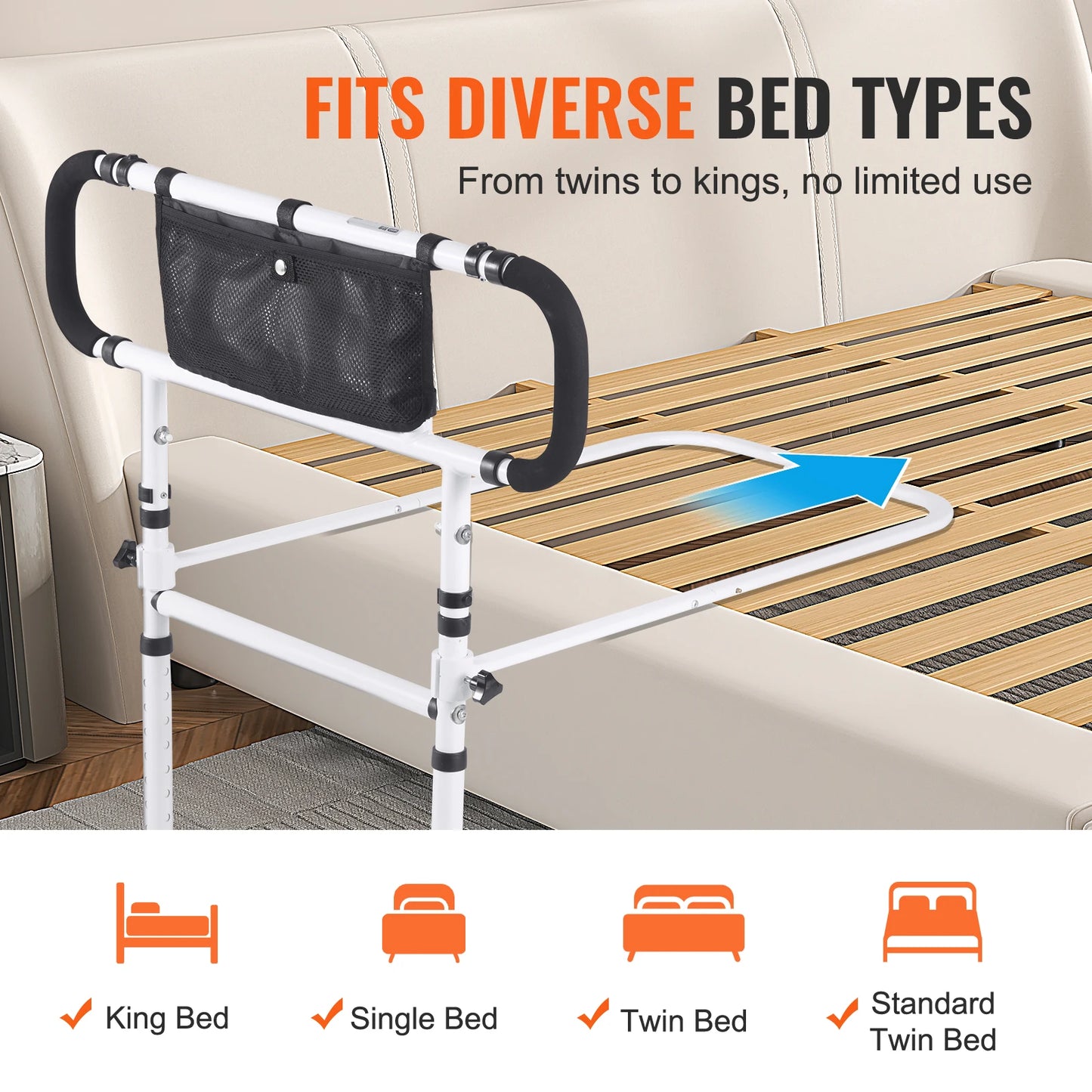 VEVOR Bed Rails for Elderly Adults Foldable Bed Assist Rails for Seniors Loading Bed Side Rails Bed Cane with Adjustable Handle