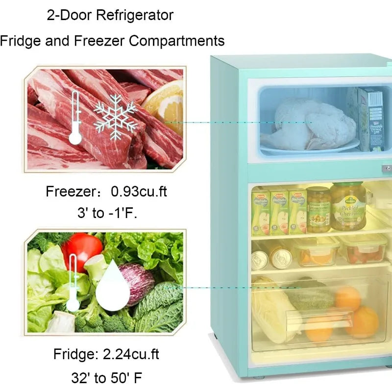 Antarctic Star Compact Mini Refrigerator Separate Freezer, Small Fridge Double 2-Door Adjustable Removable Retro Stainless Steel