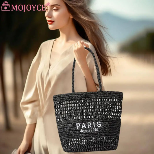 Women Straw Shoulder Bag Large Capacity Embroidered Letter Bag Versatile Hollow Out Handbag Summer Beach Purse