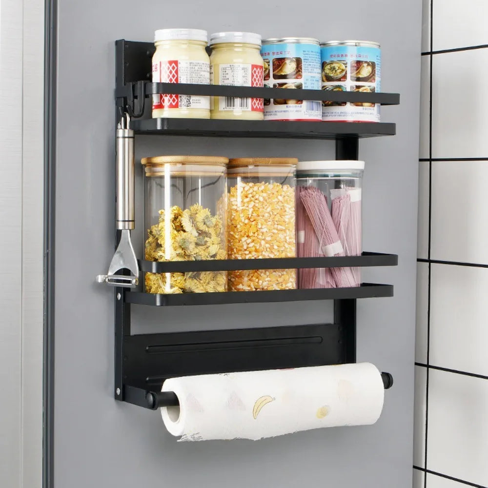 Magnetic Fridge Organizer Rack with Paper Towel Holder Multi-Functional Kitchen Storage Shelf Spice Rack Utensil Refrigerator