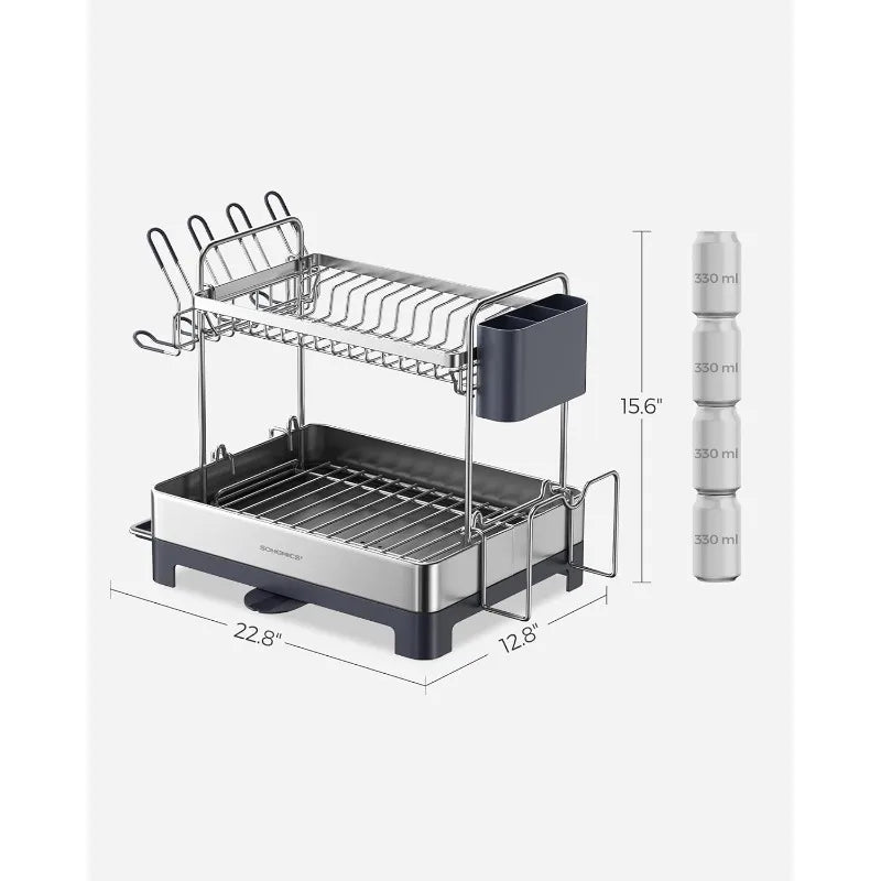 2 Tier Dish Rack for Kitchen Counter with Rotatable and Extendable Drain Spout