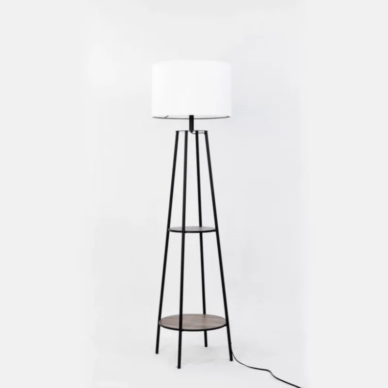 62" Matte Black Mid-Century Style Floor Lamp, with 2 Wood Shelves