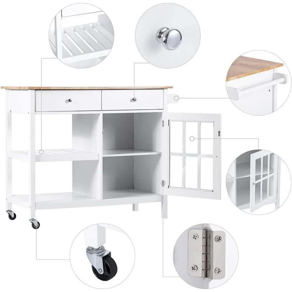 Portable kitchen island trolley with wooden top drawer and glass door cabinet, wine rack, towel rack, white color