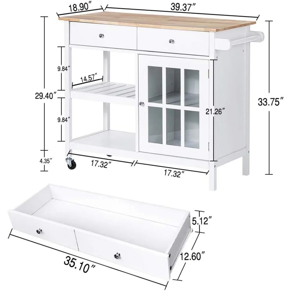 Portable kitchen island trolley with wooden top drawer and glass door cabinet, wine rack, towel rack, white color