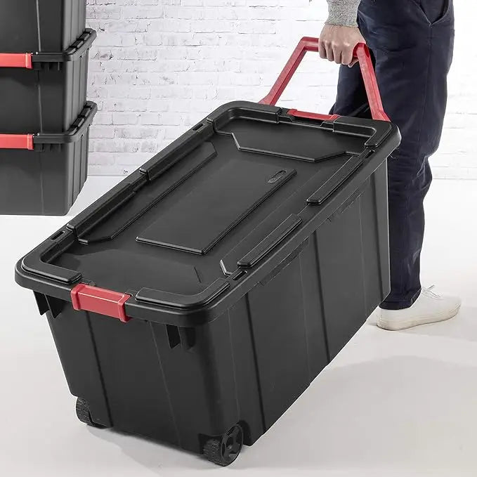 40 Gallon/151 Liter Wheeled Industrial Tote, Black Lid & Base w/Racer Red Handle & Latches, 4/6-Pack