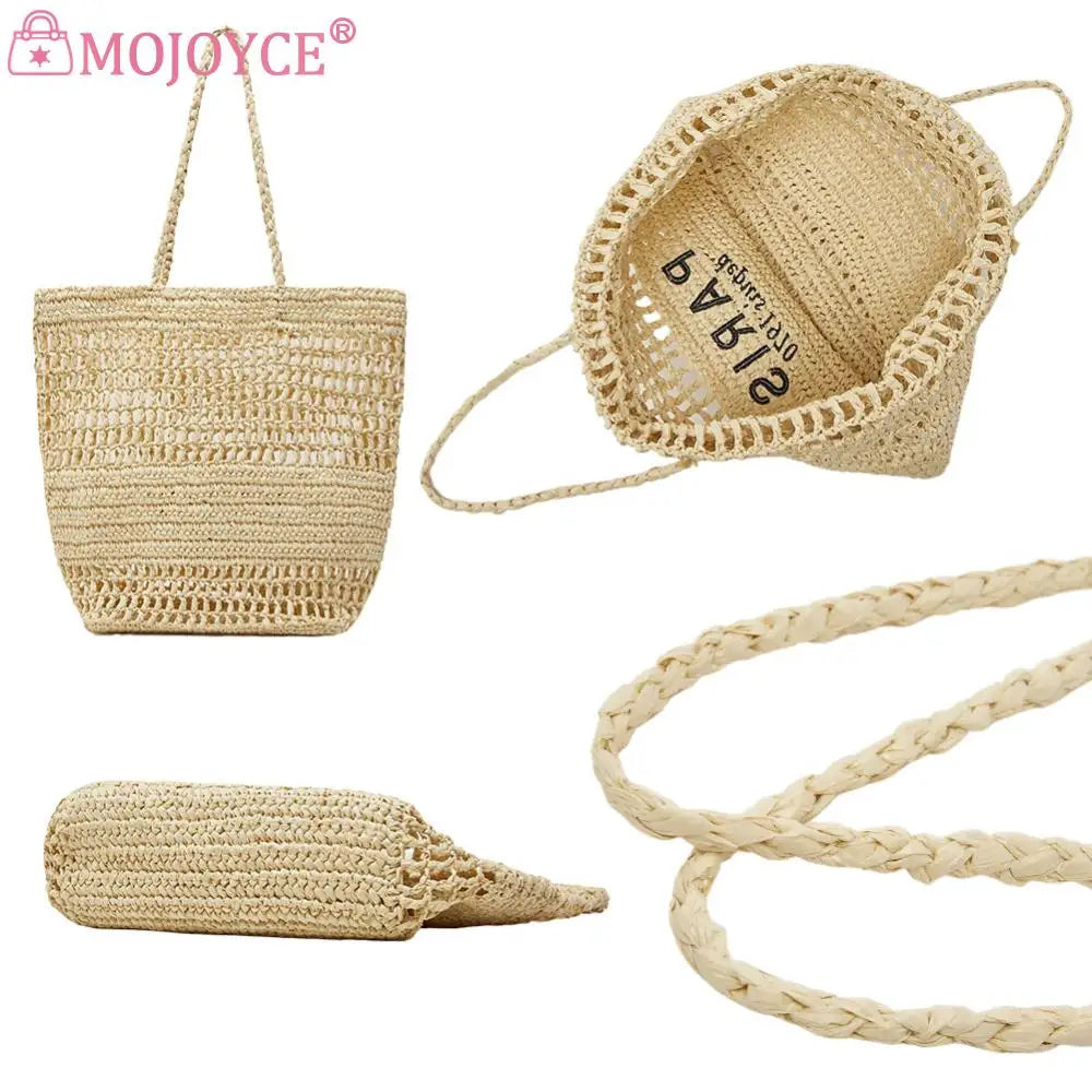 Women Straw Shoulder Bag Large Capacity Embroidered Letter Bag Versatile Hollow Out Handbag Summer Beach Purse