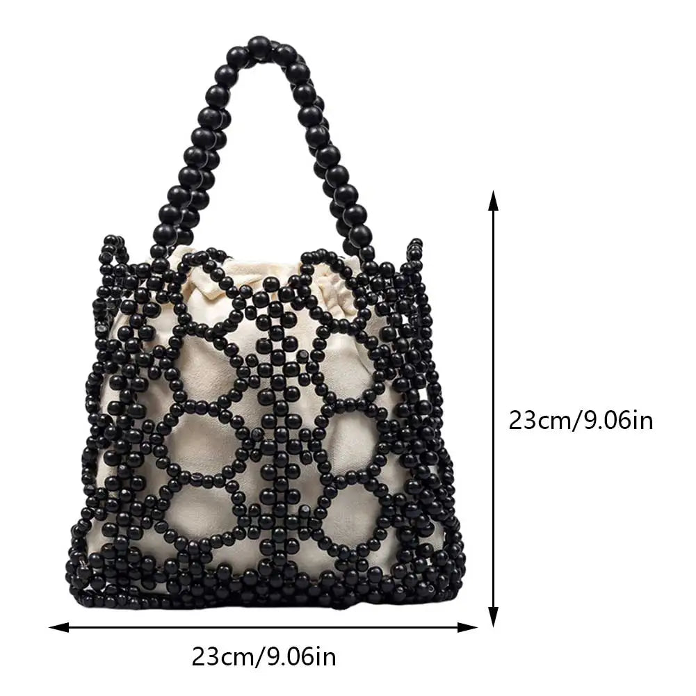 Women Top-Handle Bag Shopping Bag Woven Handbag Handmade Wooden Bead Tote Bag Fashion Handwoven Clutch Purses Drawstring Bag