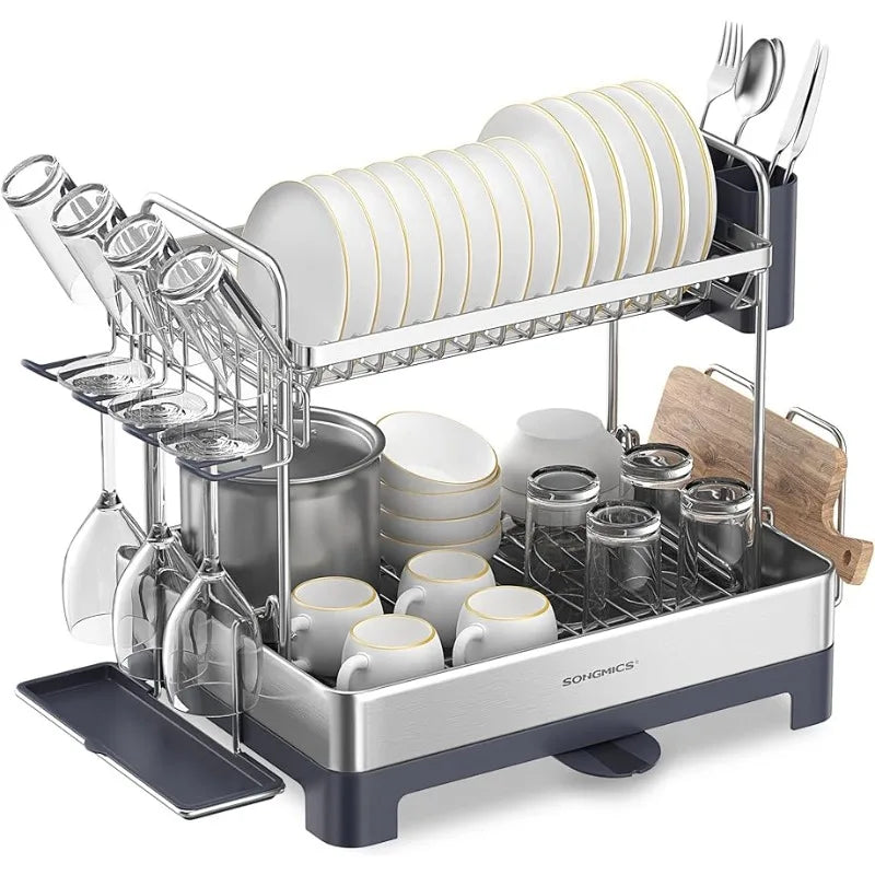 2 Tier Dish Rack for Kitchen Counter with Rotatable and Extendable Drain Spout