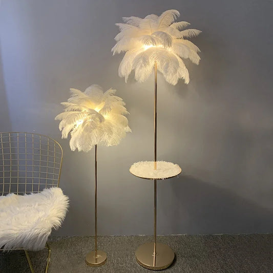 Nordic Ins Feather Decoration Floor Lamp, Ostrich Hair Living Room Bedroom Bedside Lamp Coffee Table Vertical Atmosphere Lamp