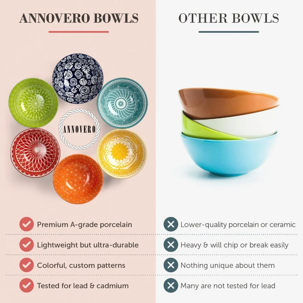 Annovero 23 Oz Bowls | Deep Cereal Bowls Set of 6 | Colorful Porcelain Bowls for Serving Breakfast, or Small Dish of Soup