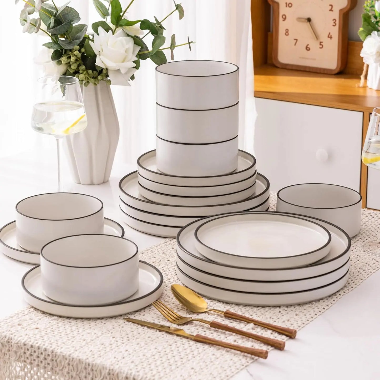 Ceramic Dinnerware Sets of 6, High Edge Stoneware Plates and Bowls Set, Oven & Dishwasher & Microwave Safe Dishes Set