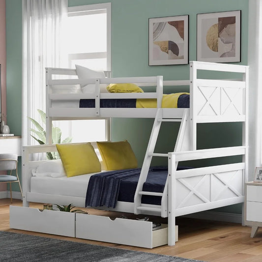 Twin Over Full Bunk Bed with 2 Storage Drawers,Solid Wood Bunk Bed w/Ladder and Safety Guardrail for Bedroom Kids Adults,White