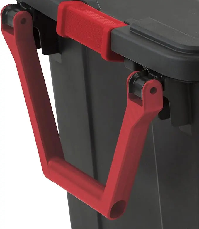 40 Gallon/151 Liter Wheeled Industrial Tote, Black Lid & Base w/Racer Red Handle & Latches, 4/6-Pack