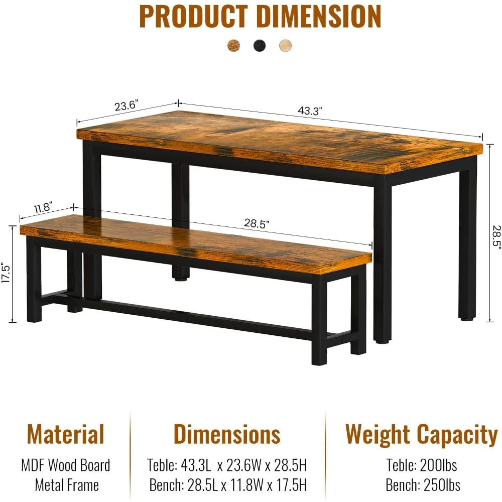 Dining Room Table Set, Kitchen Set with 2Benches, Ideal for Home, and Room, Breakfast of 43.3x23.6x28.5inches  wooden table top