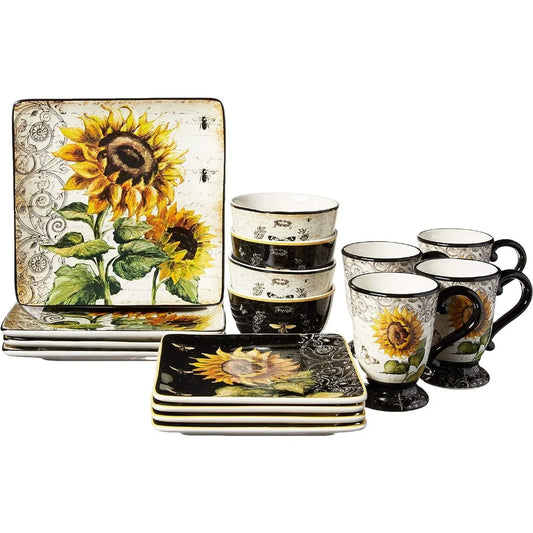 Plate Set, Sunflower 16 Pc Dinnerware Sets, Each Includes Dinner Plates, Salad/dessert Plates, Mugs, Ice Cream Bowls, Plate Set