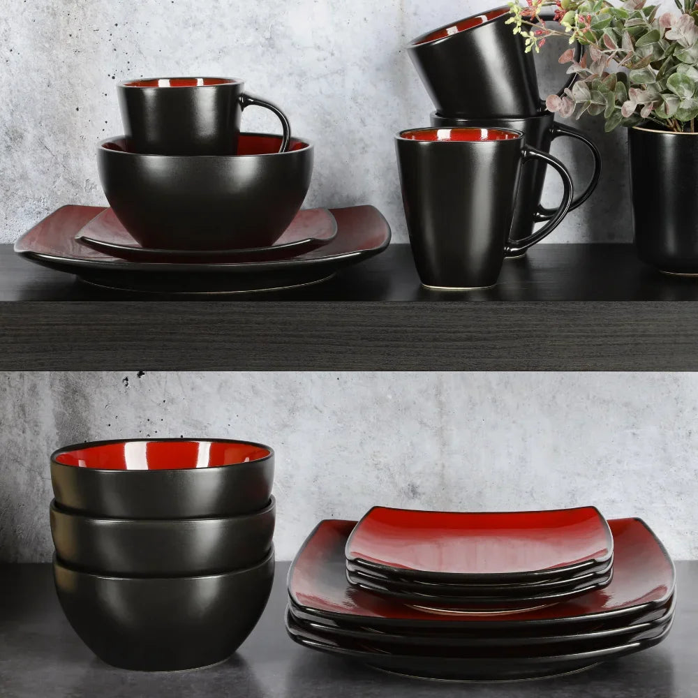 Soho Lounge Square 16-Piece Dinnerware Set - Red Dish Plates