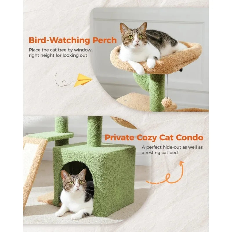 Cactus Cat Tree for Indoor Cats,Cute Cat Tower Cat Condo with Sisal Scratching Ramp, Cozy Hammock and Removable Top Bed Perch